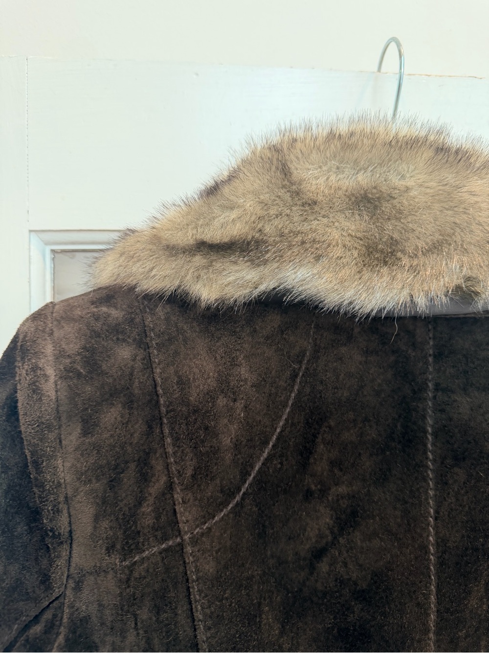 Vintage Alfani Y2K Chic Genuine Leather Brown Suede Jacket Faux Fur Collar Size - Picture 4 of 11